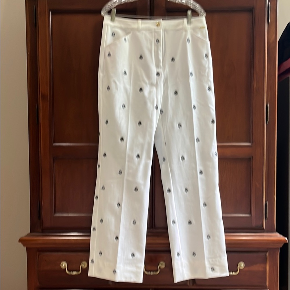 St. John Sport Marie White Embroidered Honey Bee High Rise Pants Sz 14